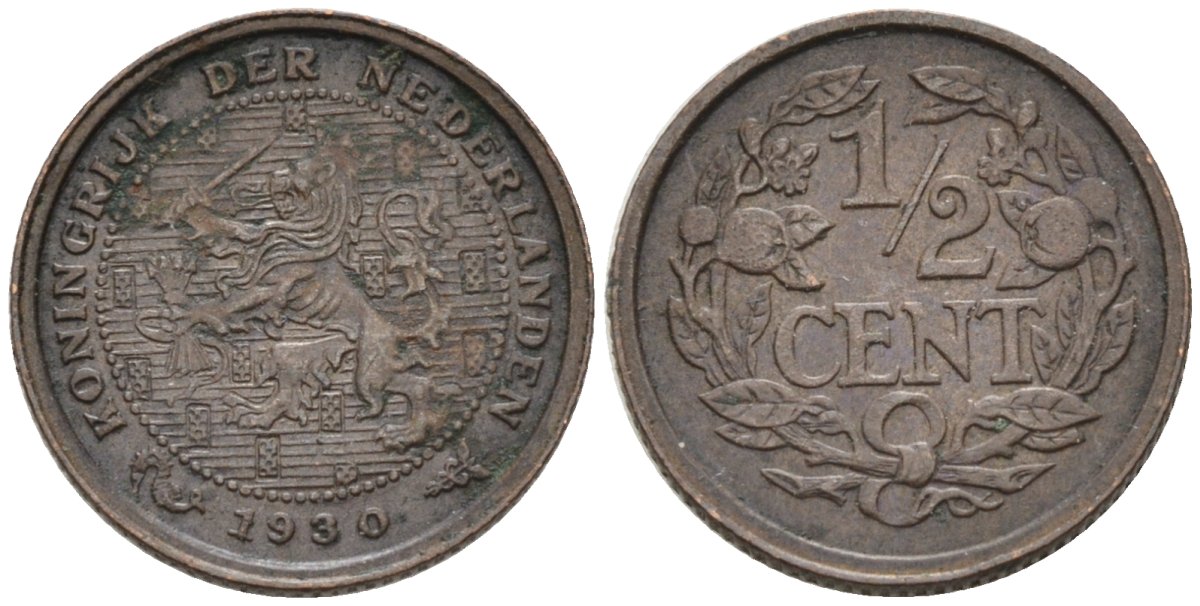 Нидерланды 1/2 цента 1930 Вильгельмина (1890-1948) KM 138 бронза 4576-441