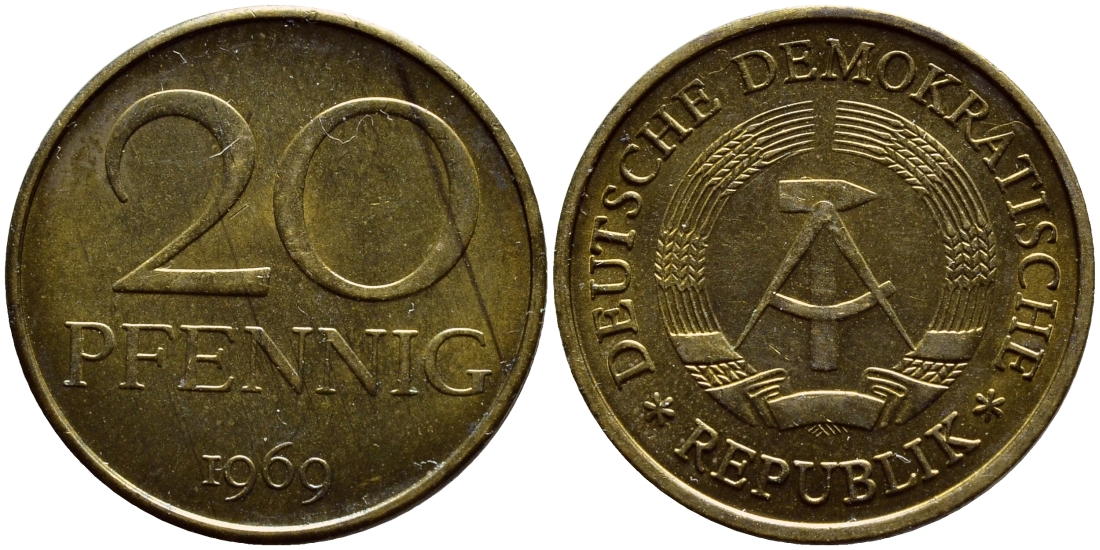 ГДР 20 пфеннигов 1969 А, первый год KM 11 латунь UNC 4397-532