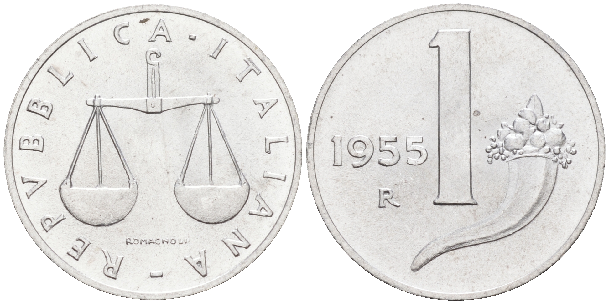 Италия 1 лира 1955 R, весы KM 91 алюминий  UNC  4594-641