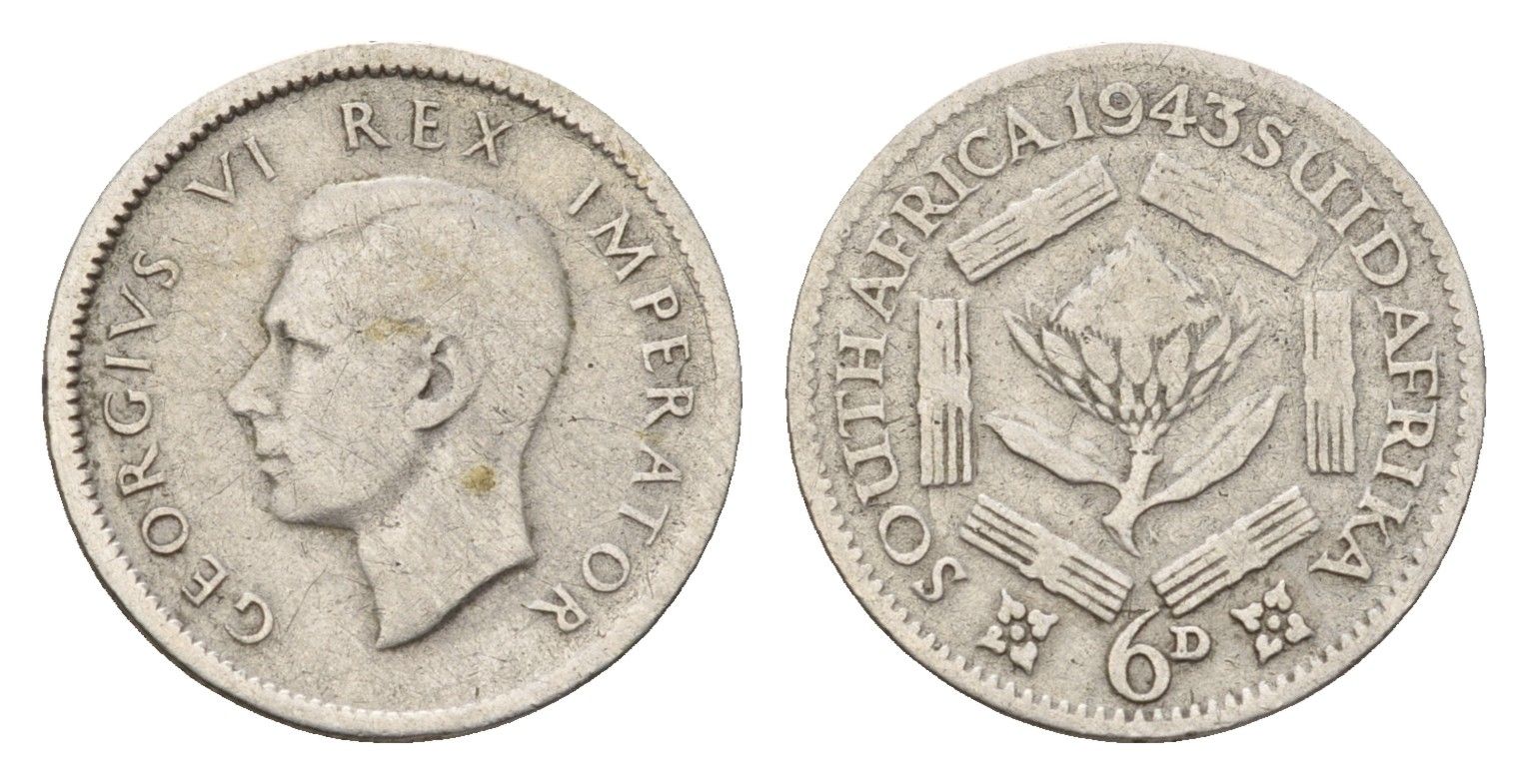 ЮАР 6 пенсов 1943 Георг VI (1936-1952) KM 27 серебро 4564-527