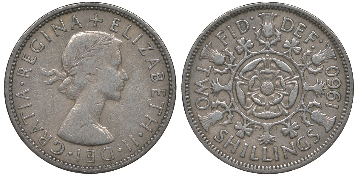 Великобритания 2 шиллинга (флорин) 1960 Елизавета II (1952-2022) KM 906, Spink 4146 медно-никель 4131-541