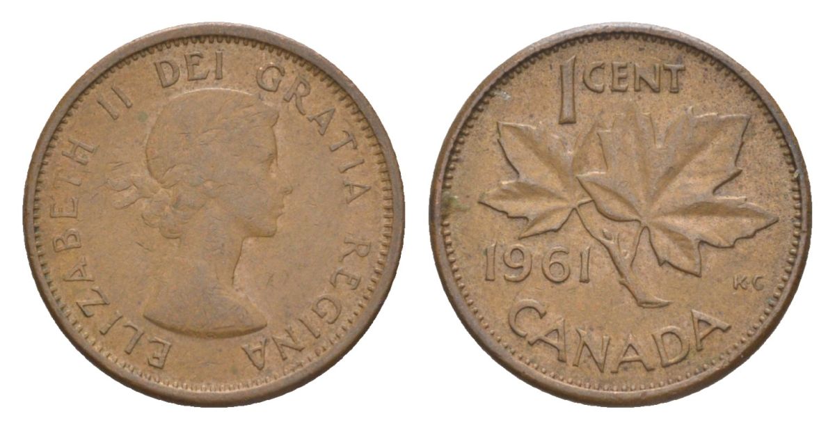 Канада 1 цент 1961 Елизавета II (1952-2022), кленовый лист KM 49 бронза 4630-537