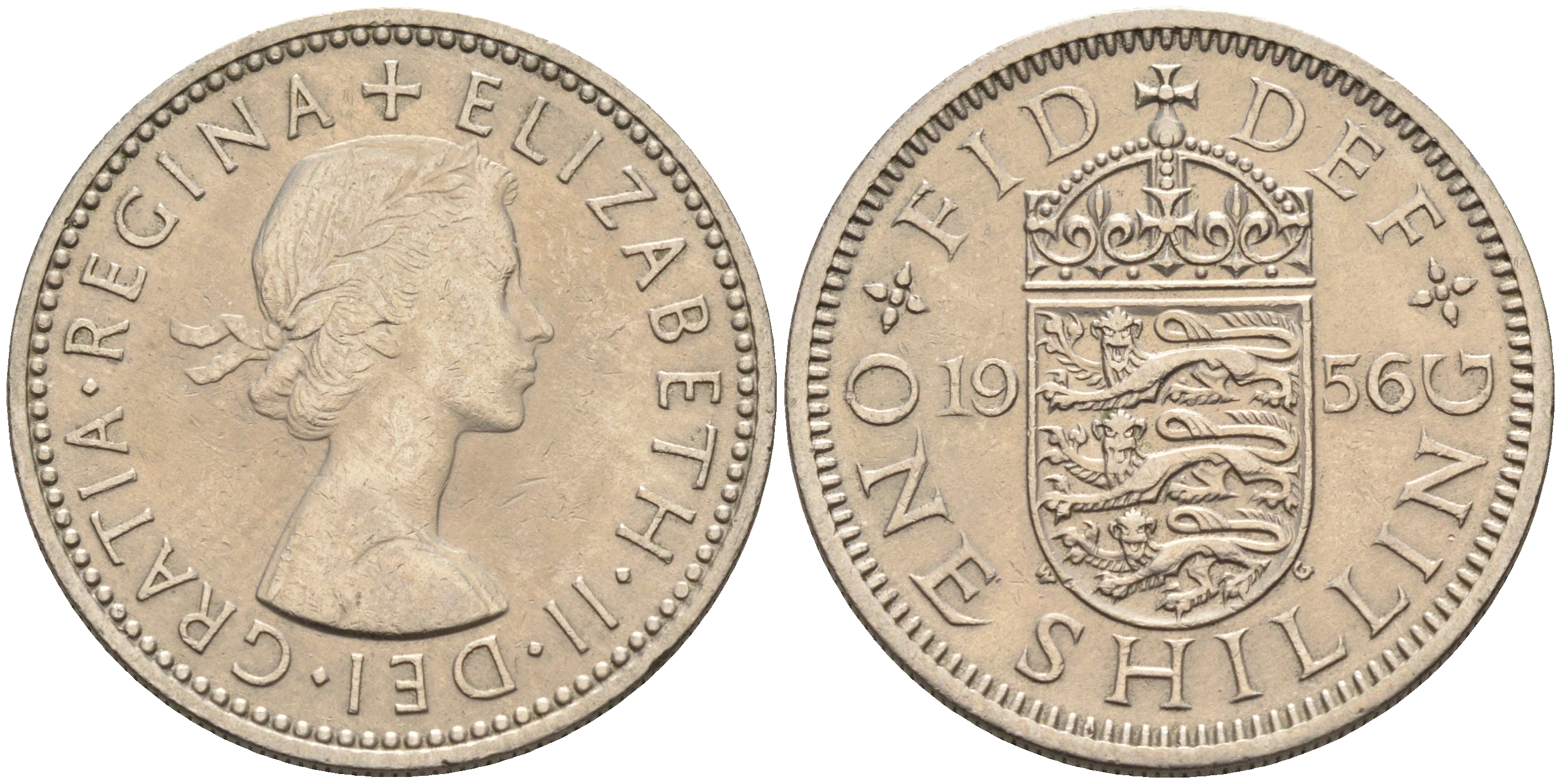 Великобритания 1 шиллинг 1956 Елизавета II (1952-2022), Английский герб KM 904, Spink 4147 медно-никель 4591-657