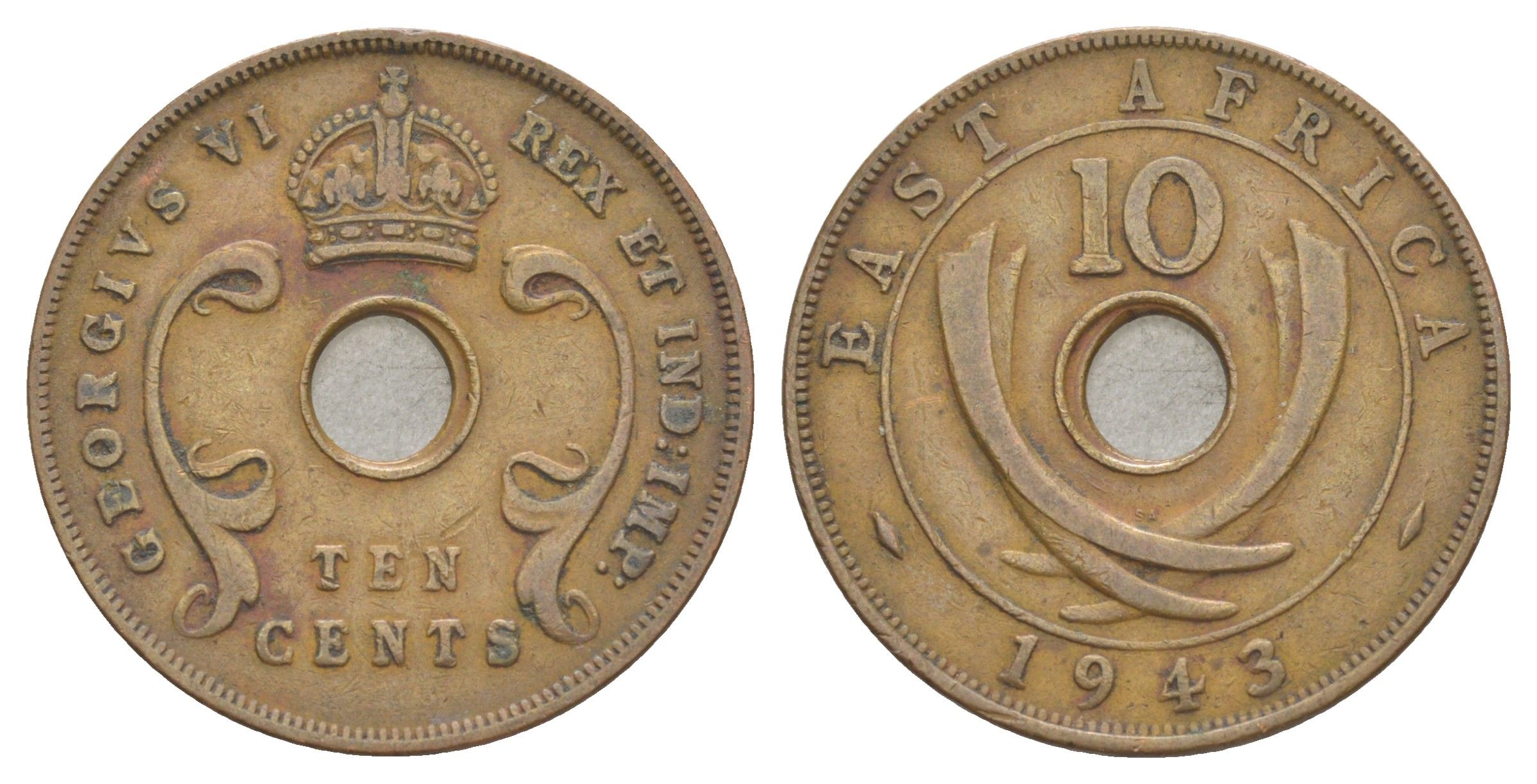Британская Восточная Африка 10 центов 1943 Георг VI (1936-1952) KM 26 бронза 4645-943