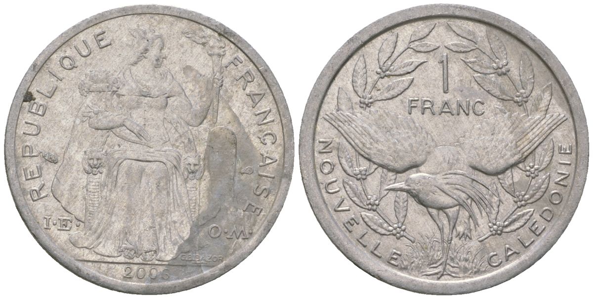 Французская Новая Каледония 1 франк 2006 птица кагу, (IEOM) KM 10, Schoen 10, Lec 52k алюминий 51-314