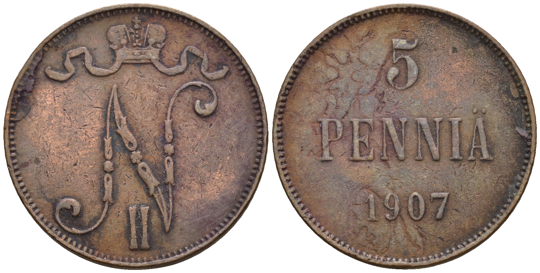 Россия для Финляндии 5 пенни 1907 Николай II (1894-1917) KM 15, Биткин 448 медь 259-1137