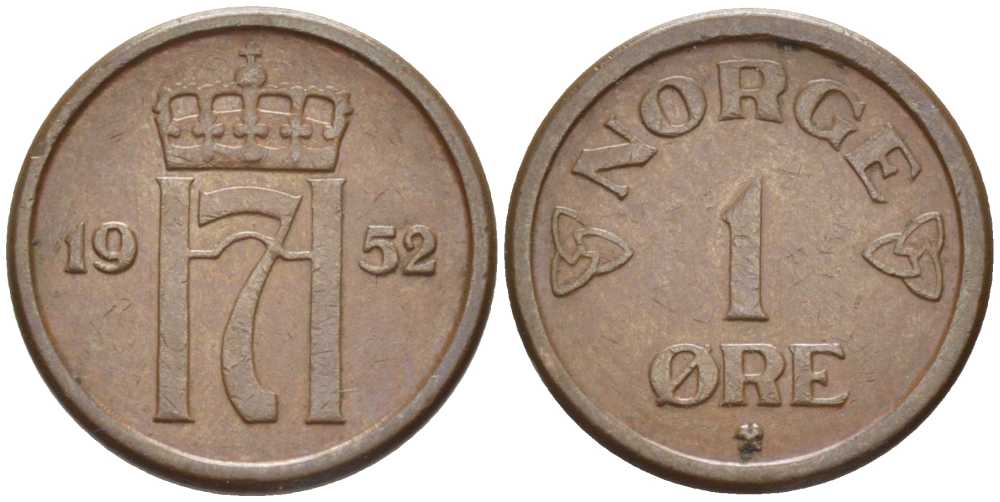 НОРВЕГИЯ 1 ЭРЕ 1952 ХОКОН VII (1905-1957) KM 398 бронза 116-1066