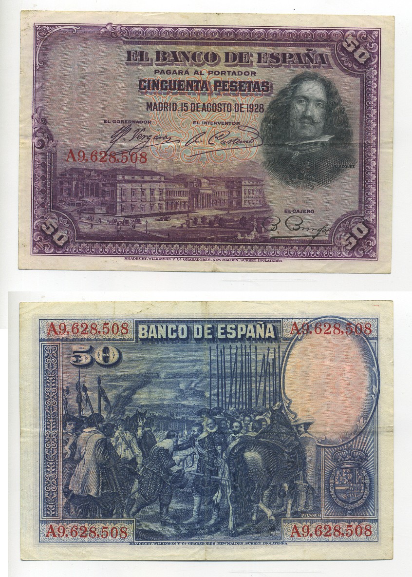 ИСПАНИЯ 50 ПЕСЕТ 1928 А 9628508, МУЗЕЙ ПРАДО В МАДРИДЕ, ДИЕГО ВЕЛАСКЕС Pick 75b бумага 7217-65-2