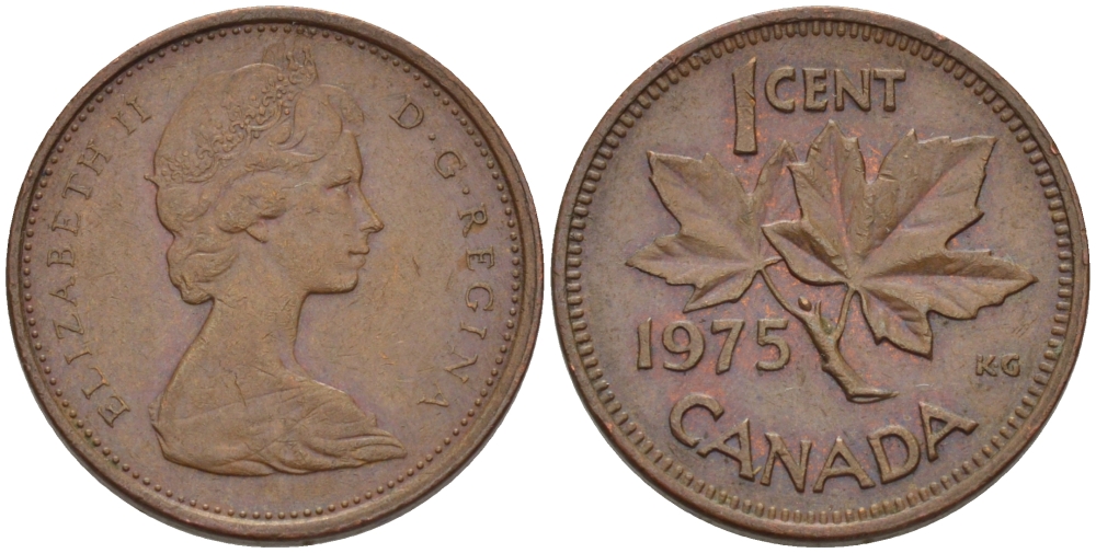 Канада 1 цент 1975 Елизавета II (1952-2022), кленовый лист KM 59.1 бронза 96-342