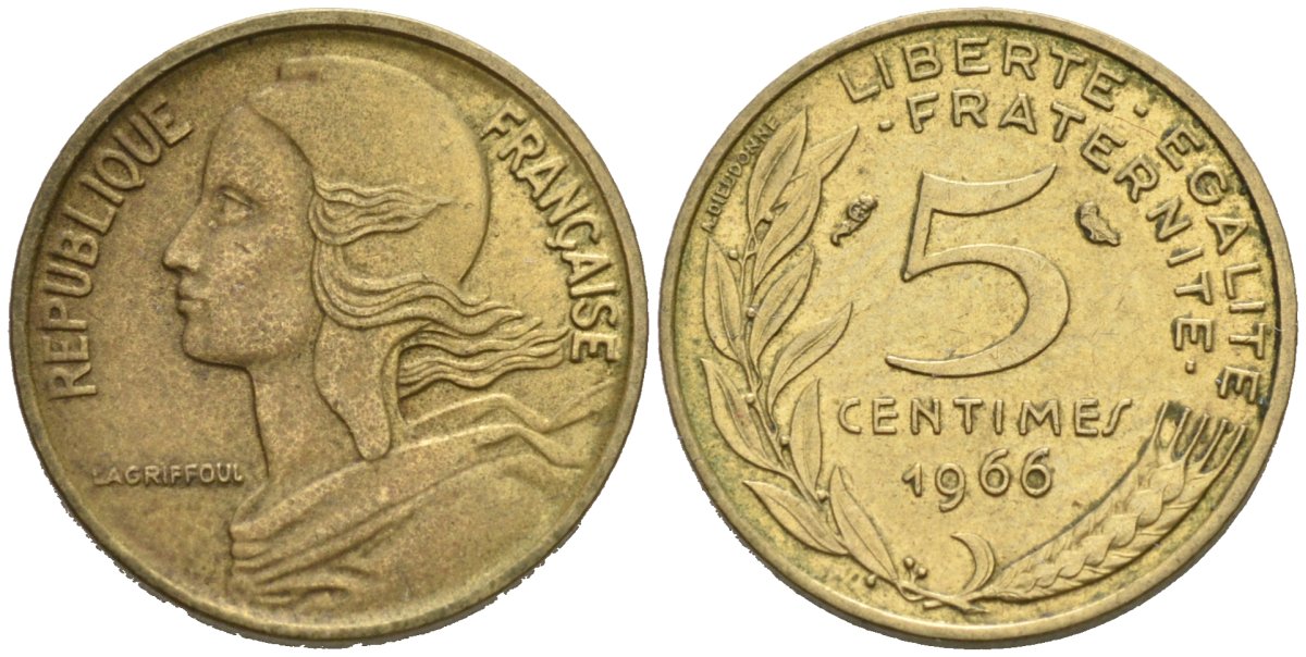 Франция 5 сантимов 1966 тип Morlon KM 933 медь алюминий никель 4567-948