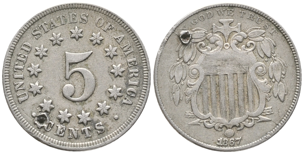 США 5 ЦЕНТОВ 1867 С ОТВЕРСТИЕМ, WITHOUT RAYS, SHIELD медно-никель 34-125
