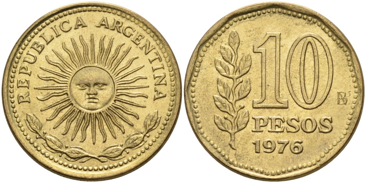 Аргентина 10 песо 1976 Ba, майское солнце KM 72 алюминиевая бронза 4593-1024