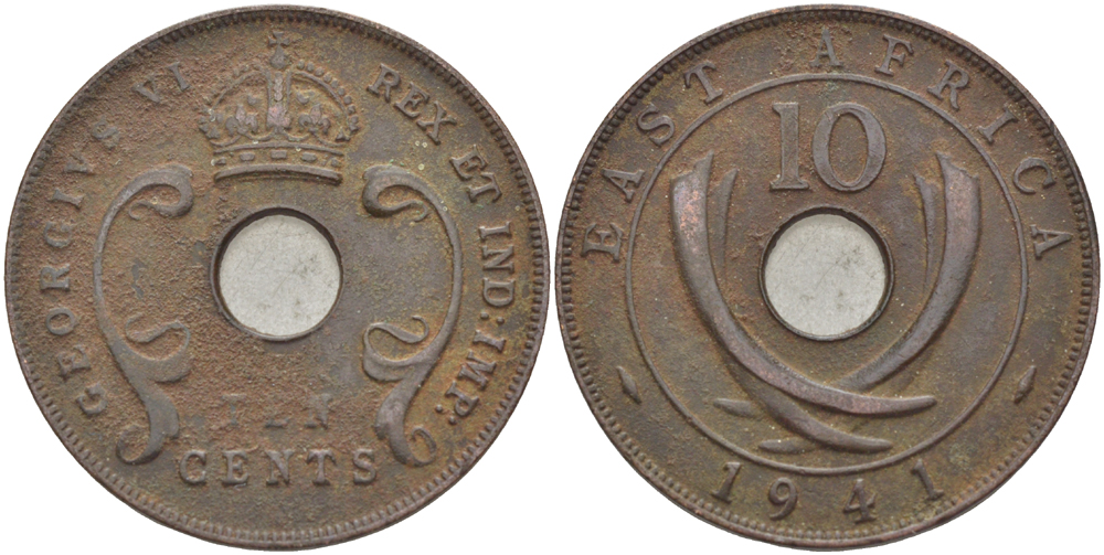 Британская Восточная Африка 10 центов 1941 I, Георг VI (1936-1952) KM 26.1 бронза 3333-1143