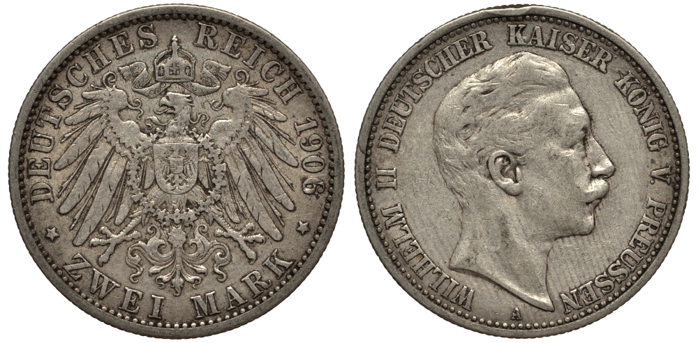 Пруссия 2 марки 1906 A, Вильгельм II (1888-1918) J.102, Weege 101, KM 522 серебро 3711-745
