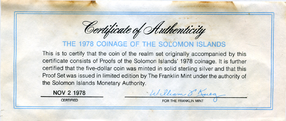 Соломоновы острова набор из 7 монет 1978 в запайке, в оригинальной коробке, с сертификатом KM PS 2, KM (1-7) серебро PROOF 7-5-2-07