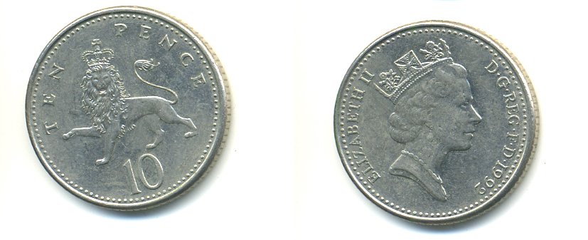 Великобритания 10 пенсов 1992 Елизавета II (1952-2022) KM 938b, Spink 4367 (F4) медно-никель 59-445