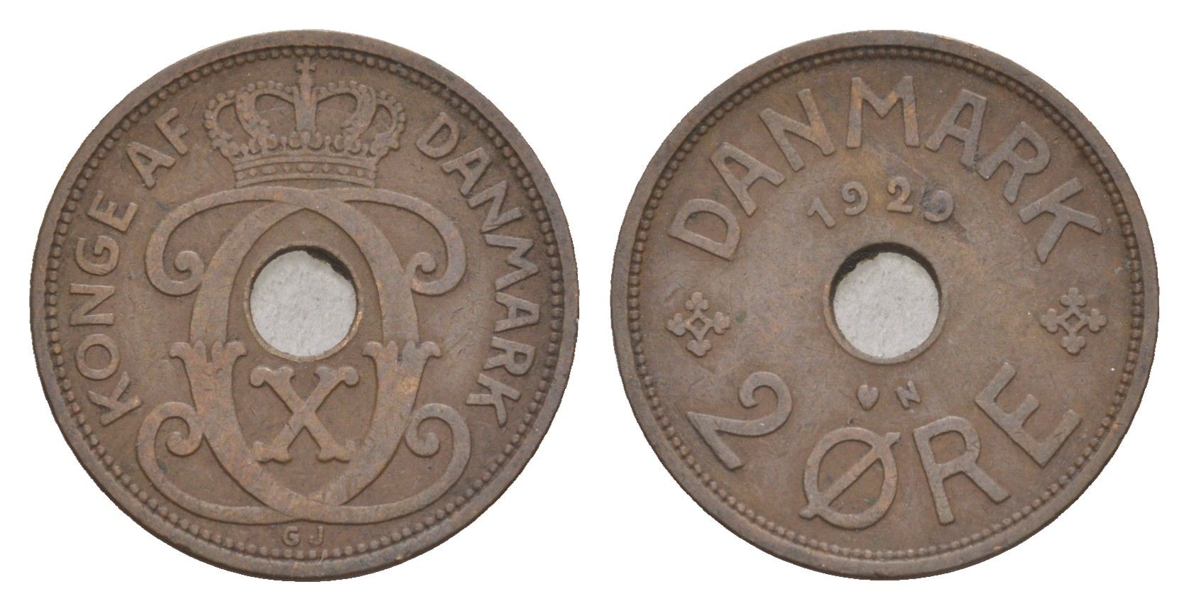 Дания 2 эре 1929 N, Кристиан X (1912-1947) KM 827 бронза 4658-229