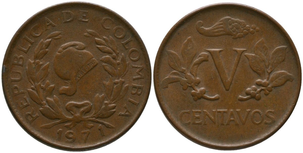 Колумбия 5 сентаво 1971 KM 206a, Schon 27a, Hernandez 384, Restrepo 372.5 сталь плакированная медью 4516-348