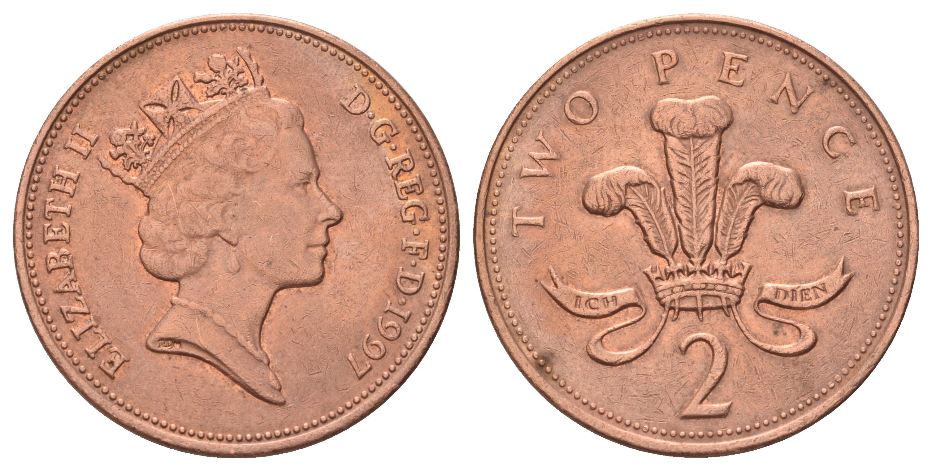 Великобритания 2 пенса 1997 Елизавета II (1952-2022) KM 936a, Spink 4376 (C4) сталь плакированная медью 4671-543