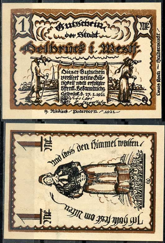 Германия, Дельбрюк 1 марка 1921 нотгельд, 27.1.1921 Grabowski 261.1 бумага UNC (пресс) 00-00-00