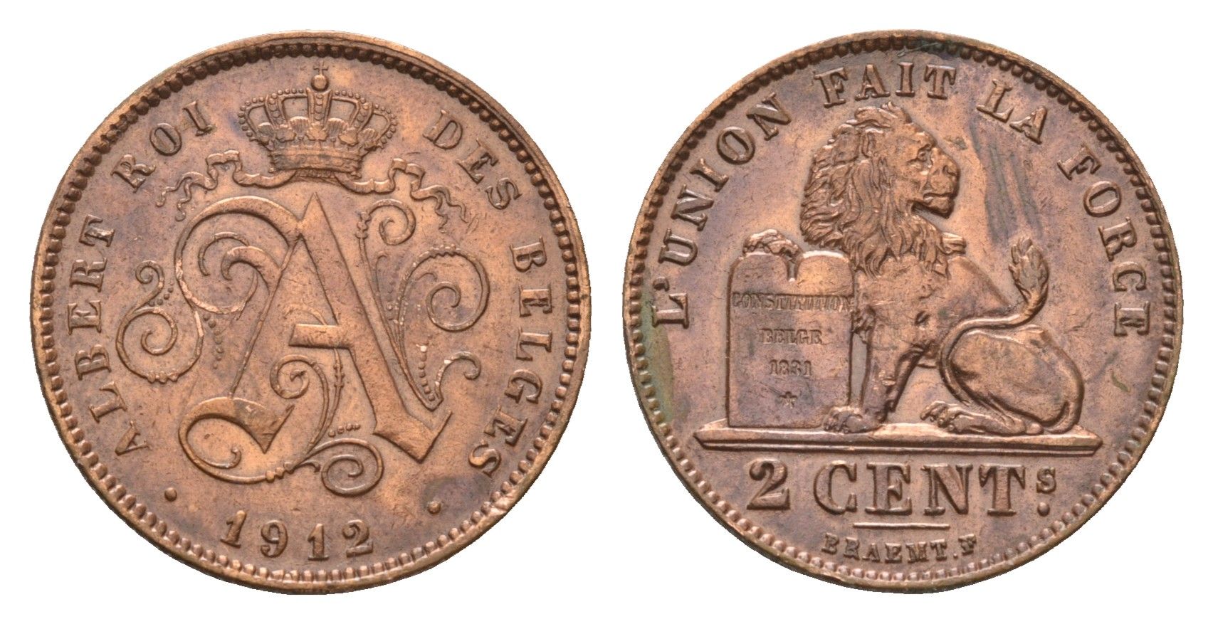 Бельгия 2 сантима 1912 Belges KM 64 медь 71-617