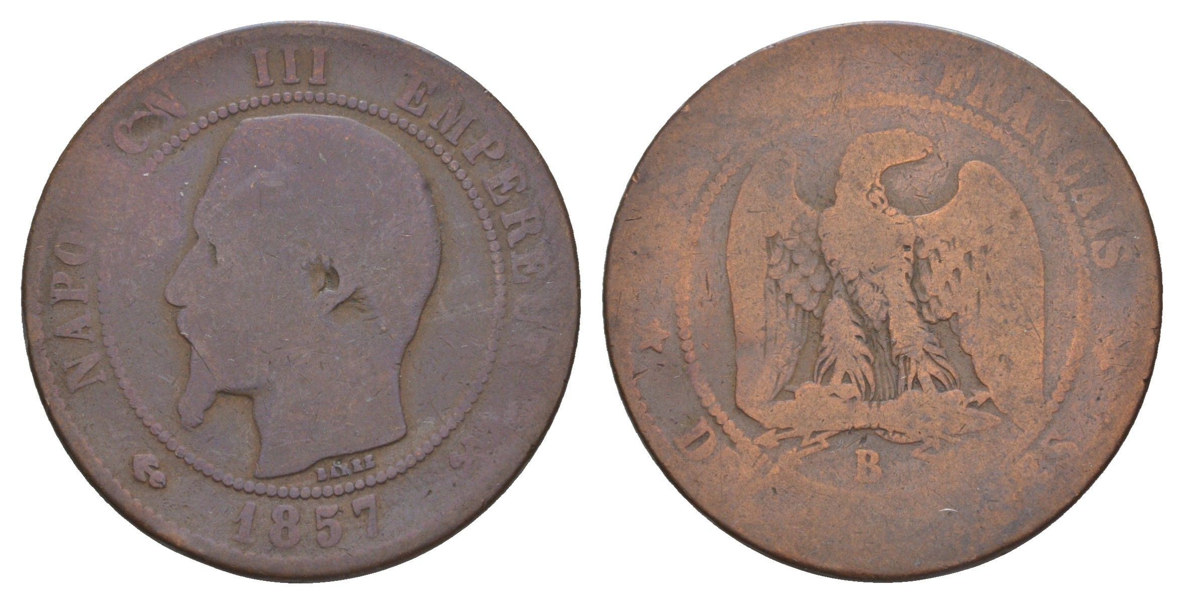 Франция 10 сантимов 1857 B, Наполеон III (1852-1870) KM 771 бронза 4653-911