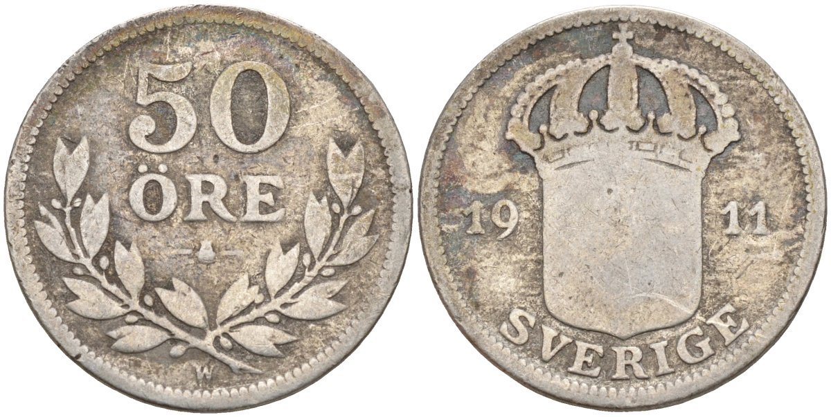 Швеция 50 эре 1911 G, Густав V (1907-1950) KM 788 серебро 4148-836