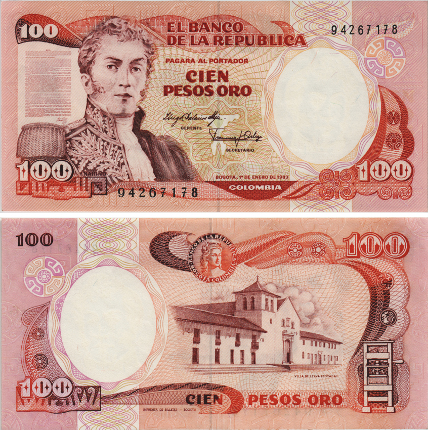 Колумбия 100 песо 1983 Антонио Нариньо, Вилья-де-Лейва Pick 426а бумага UNC (пресс) 8604-28-4-1