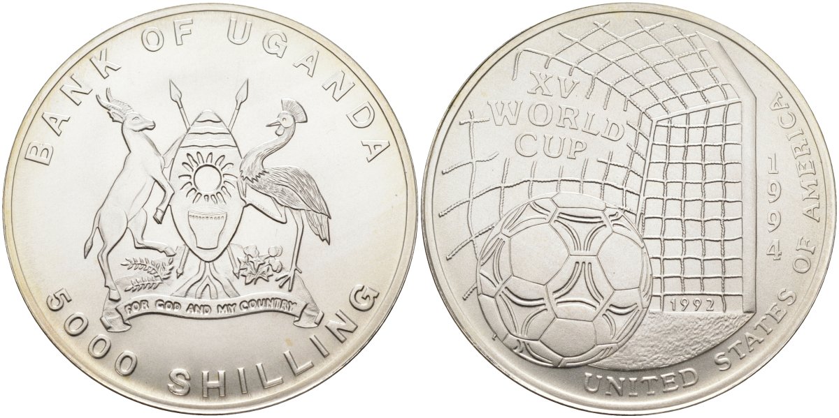 Уганда 5000 шиллингов 1992 XV чемпионат мира по футболу 1994 года в США, тираж 10000 экз. KM 32 серебро UNC 04-317-13