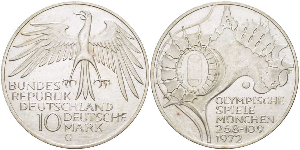 ФРГ 10 МАРОК 1972 G. ОЛИМПИАДА, СТАДИОН KM 133, J. 404 серебро UNC 180-1114