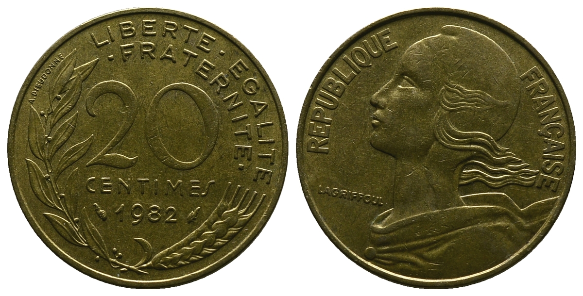 ФРАНЦИЯ 20 САНТИМОВ 1982 KM 930 медь алюминий никель 4384-756