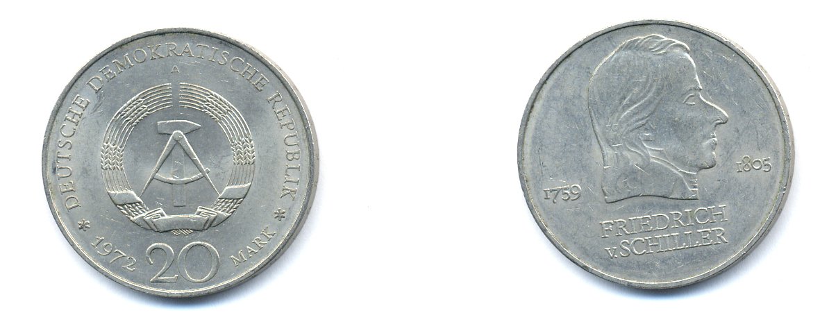 ГДР 20 марок 1972 А, Фридрих Шиллер (1759-1805) KM 40 медно-никель 3333-712