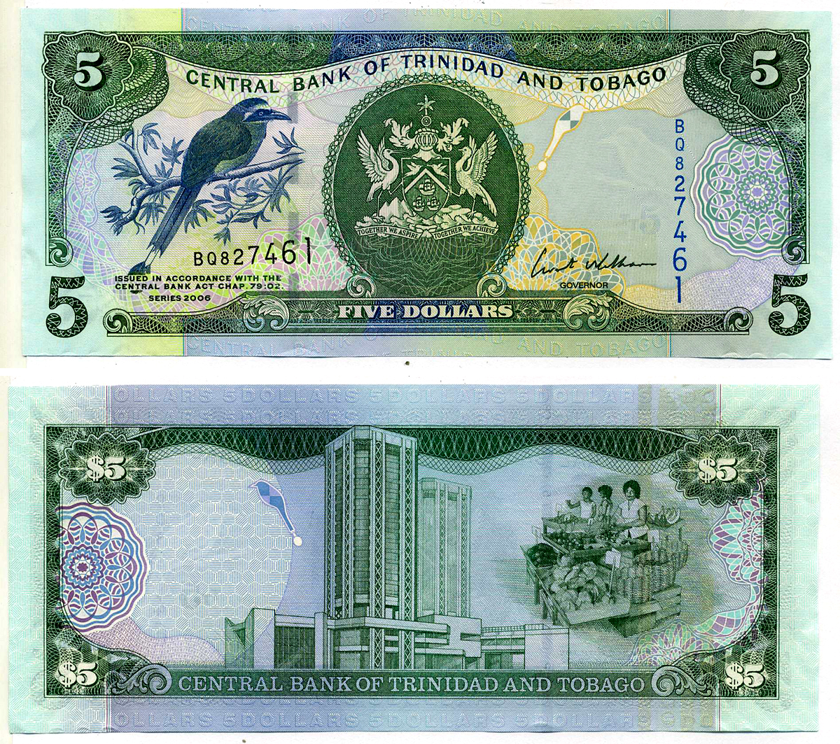 Тринидад и Тобаго 5 долларов 2006 подпись 8, номер синий, TDLR Pick 47 бумага UNC (пресс) 2197-18-2-2
