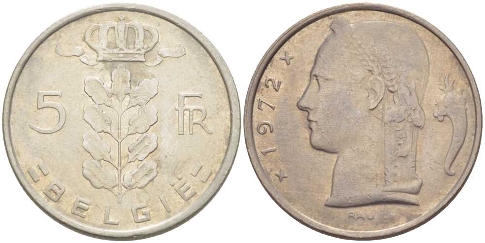 Бельгия 5 франков 1972 Belgie, Бодуэн I (1951-1993) KM 135.1 медно-никель 213-425