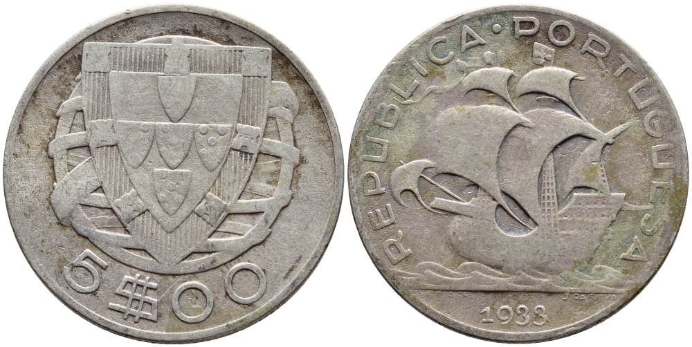 Португалия 5 эскудо 1933 KM 581 серебро 4395-847