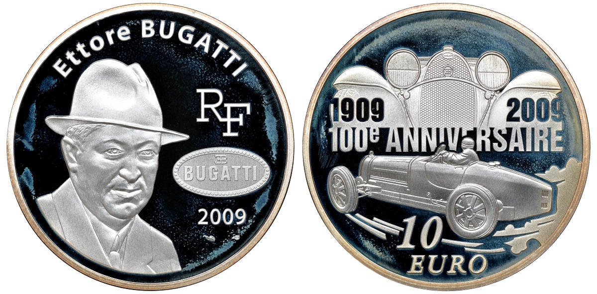 Франция 10 евро 2009 100 лет компании Бугатти, Этторе Бугатти, в оригинальной коробке, сертификат KM 1606 серебро PROOF 3-6-1-31