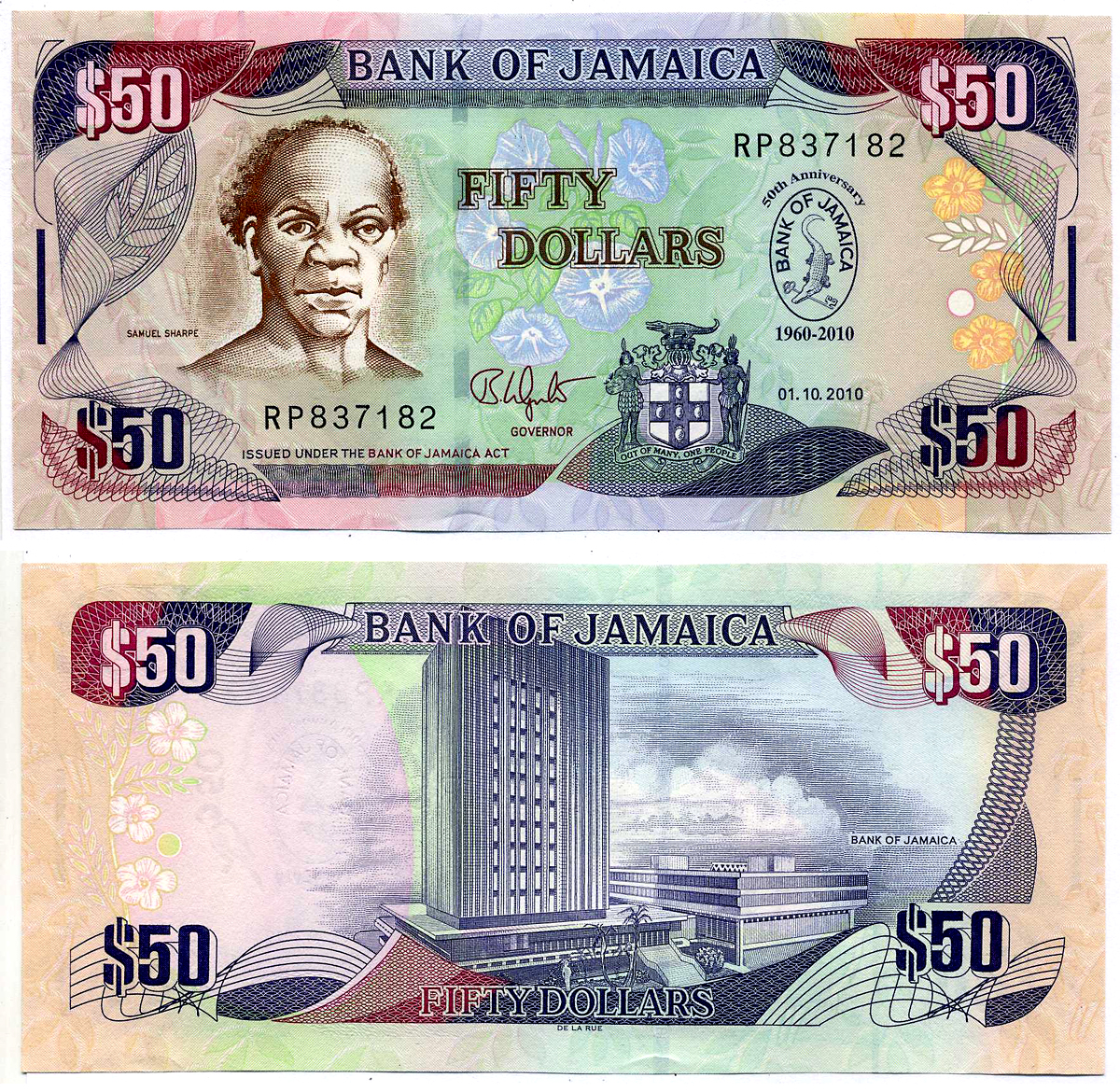 Ямайка 50 долларов 2010 1 октября 2010, 50 лет банку Ямайки (1960-2010), юбилейная, подпись 13, с водяным знаком, Самуэль Шарпе Pick 88 бумага UNC (пресс) 2197-23-1-2