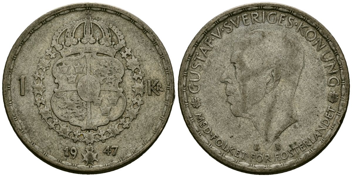 Швеция 1 крона 1947 TS, Густав V (1907-1950) KM 814 серебро 4177-951