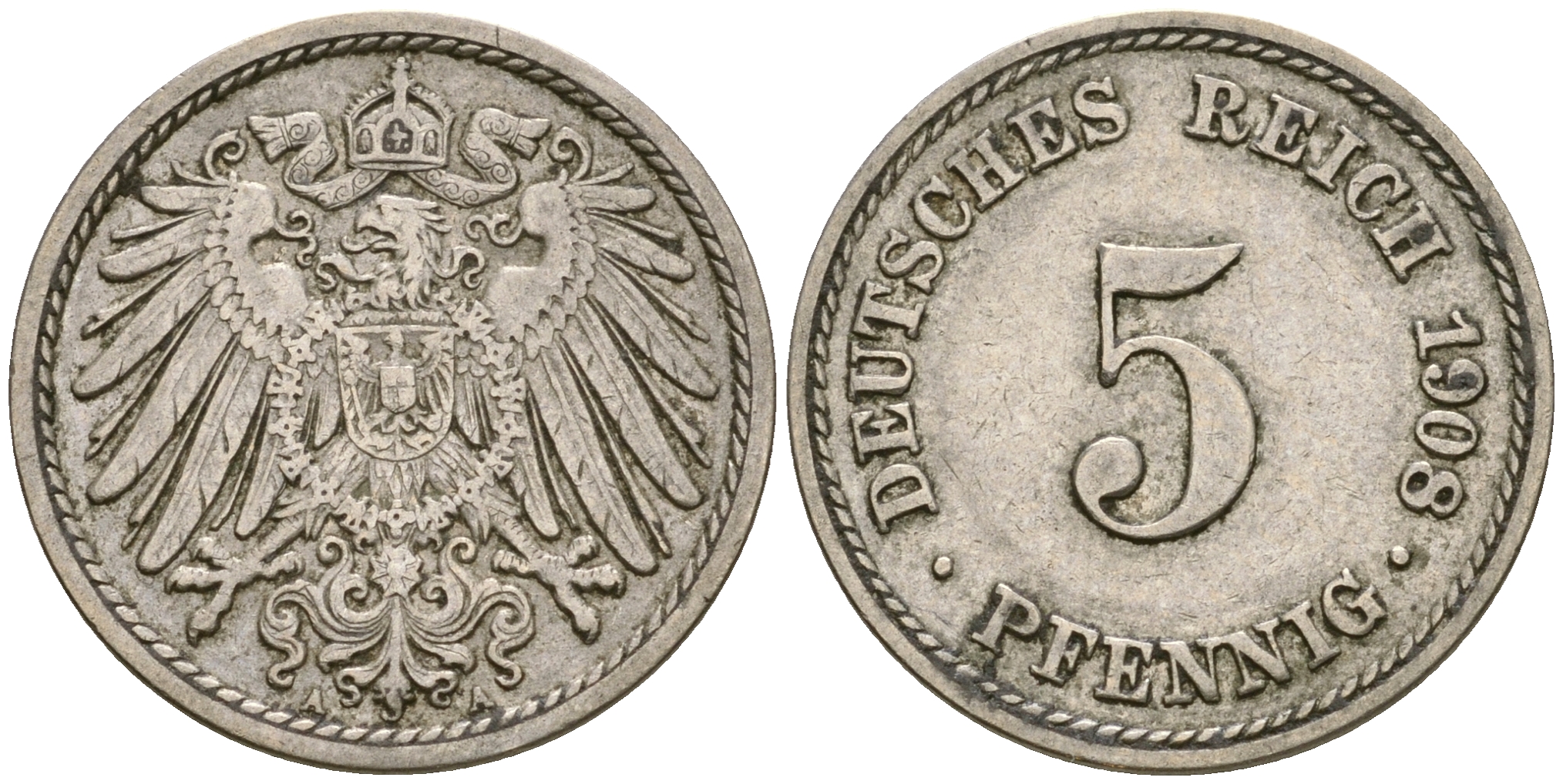 Германия 5 пфеннигов 1908 A KM 11, Jager 12, Weege 6 медно-никель 4364-4534