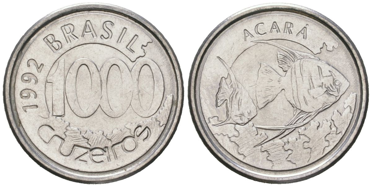 Бразилия 1000 крузейро 1992 реформа 1990-1993, рыбка Акара KM 626 нержавеющая сталь aUNC 192-133