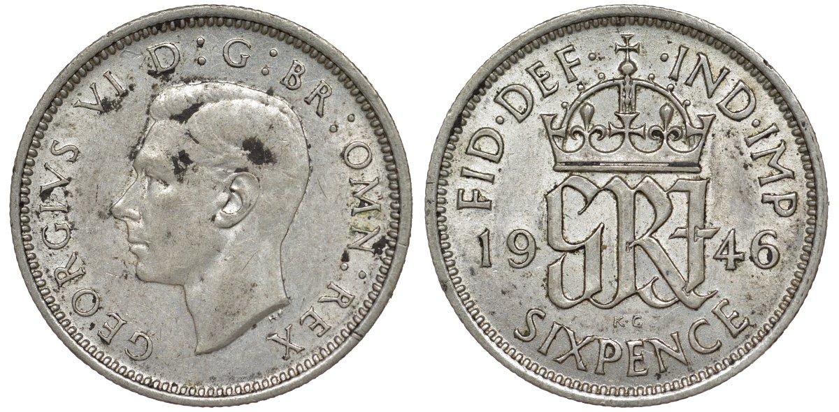 Великобритания 6 пенсов 1946 Георг VI (1936-1952) KM 852, Spink 4084 серебро 4128-821