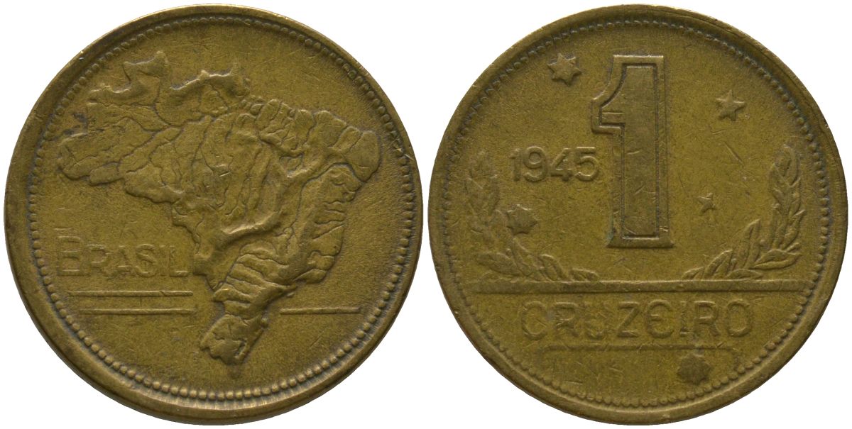 Бразилия 1 крузейро 1945 KM 558 алюминиевая бронза 4577-337