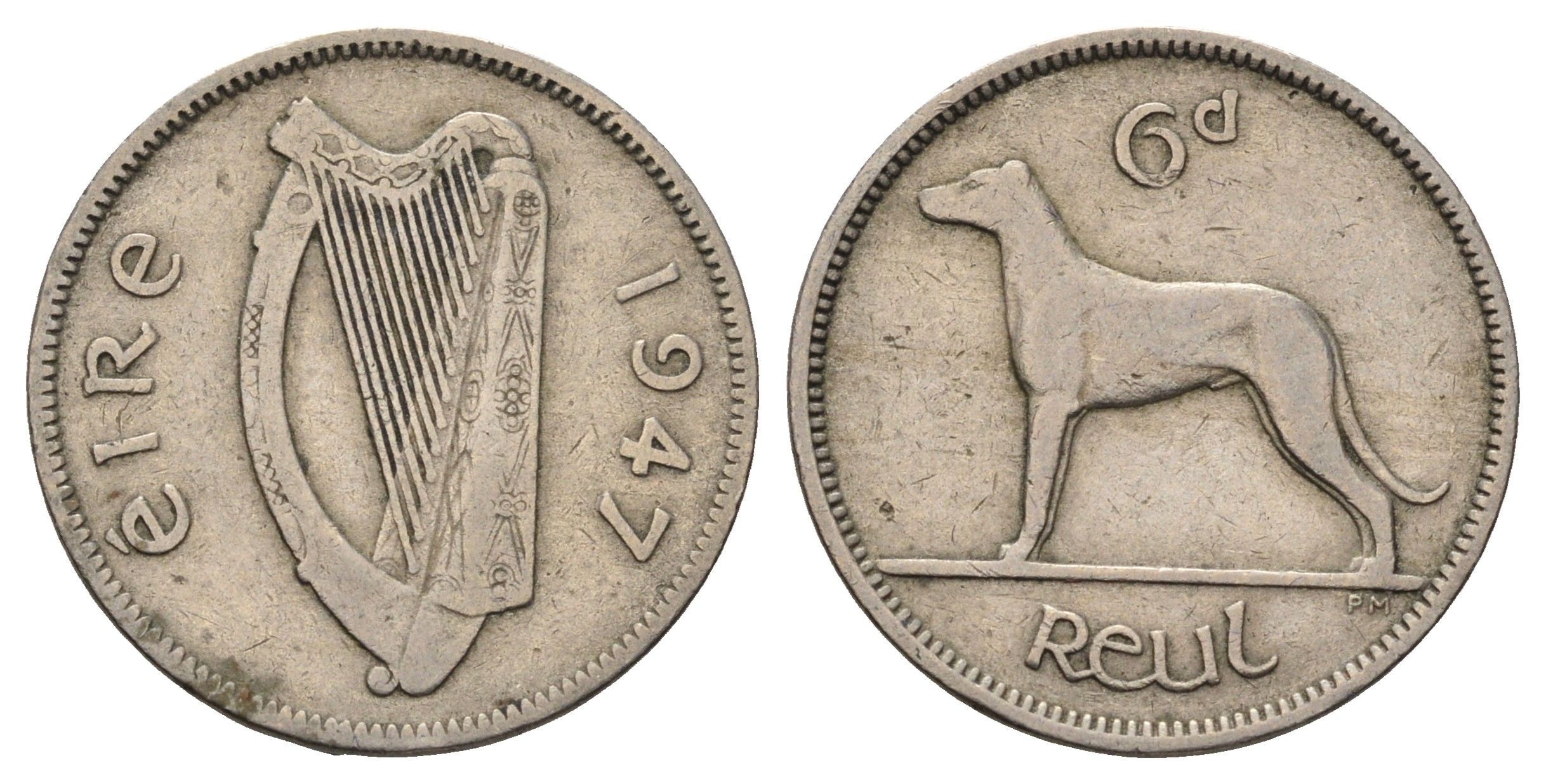 Ирландия 6 пенсов 1947 собака, ирландский волкодав KM 13a медно-никель 4682-551