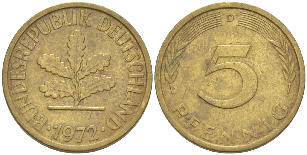 ФРГ 5 ПФЕННИГОВ 1972 D KM 107, J. 382 сталь плакированная латунью 4181-935