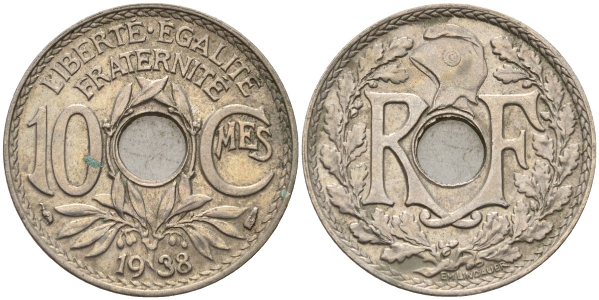 Франция 10 сантимов 1938 KM 866a, Le Franc 138.3 медно-никель 4143-1046