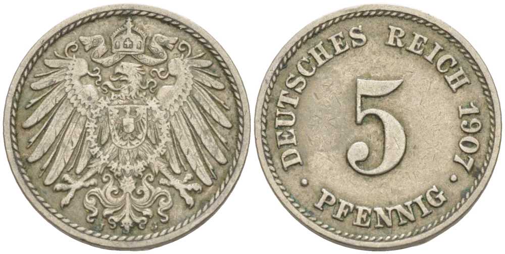 ГЕРМАНИЯ 5 ПФЕННИГОВ 1907 J KM 11, J. 12 медно-никель 105-129