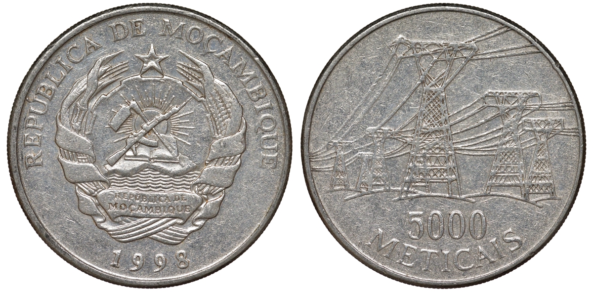 Мозамбик 5000 метикалей 1998 ЛЭП KM 124 никелированная сталь 4162-536