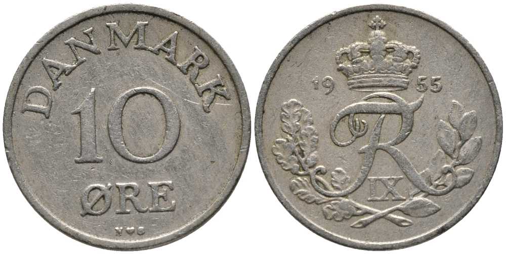 ДАНИЯ 10 ЭРЕ 1955 N; S, ФРЕДЕРИК IX (1947-1972) KM 841.1 медно-никель 116-215