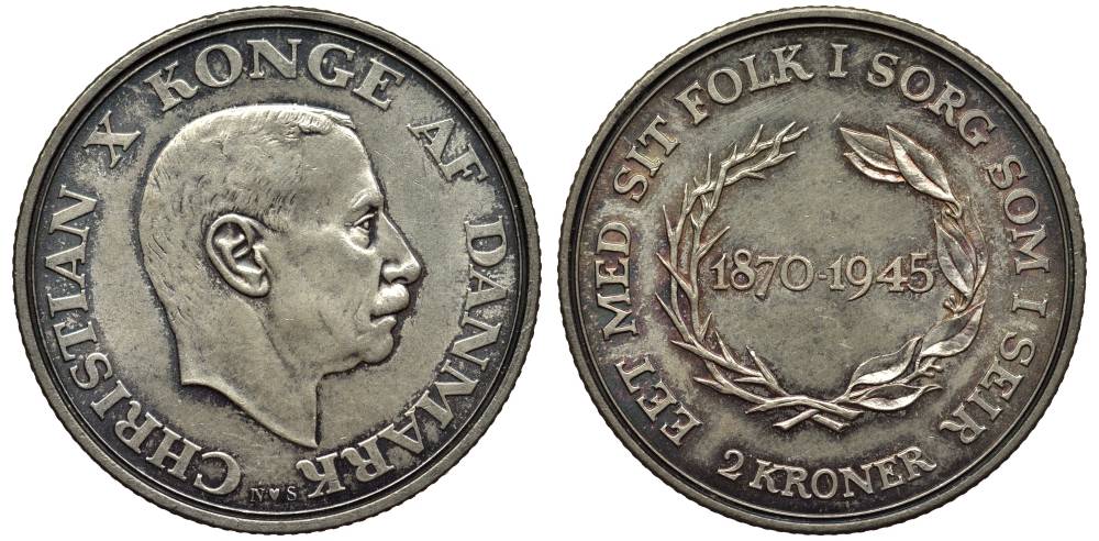 Дания 2 кроны 1945 N; S, 75 лет королю Кристиану X (1870-1945) KM 836 серебро 69-434