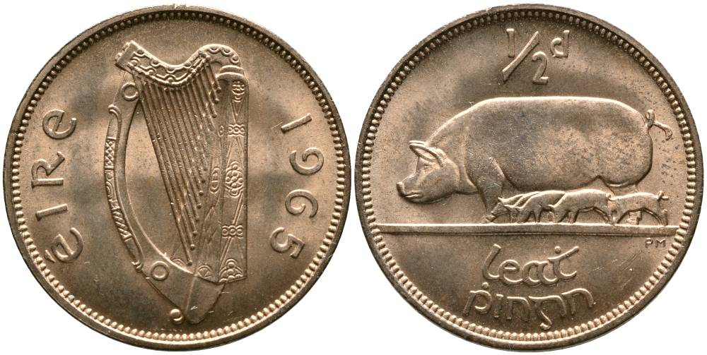 ИРЛАНДИЯ 1/2 ПЕННИ 1965 СВИНЬЯ С ПОРОСЯТАМИ KM 10 бронза 4525-1122